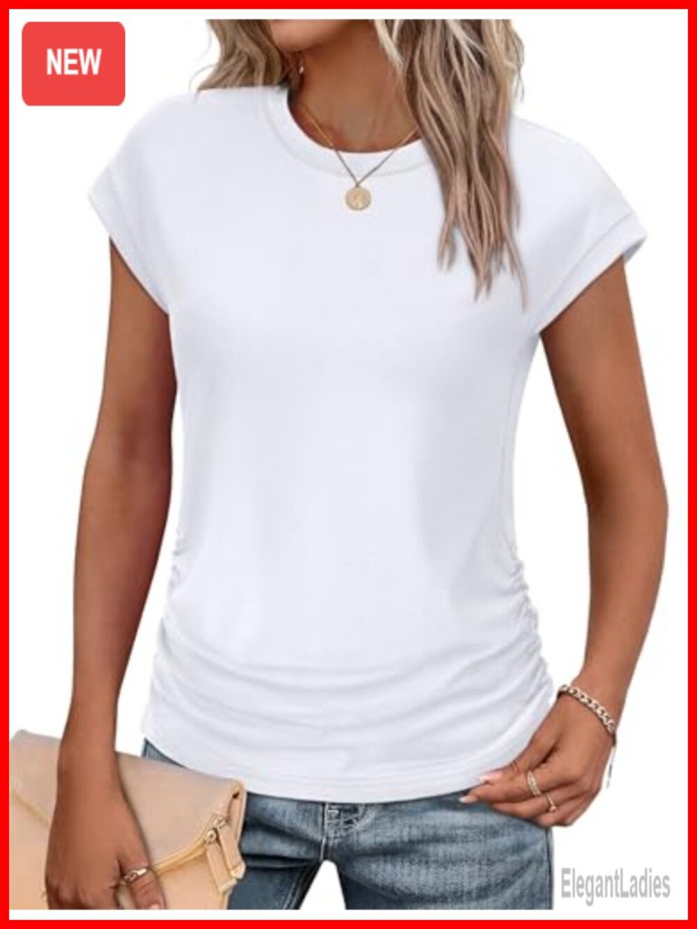Ruched Cap Sleeve T-Shirt Women's Summer Top Crew Neck Loose Fit Casual Tee